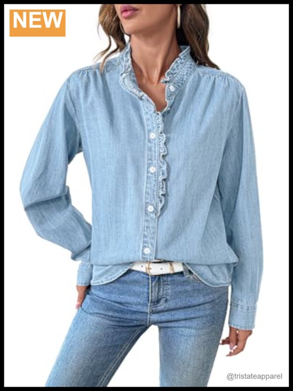 Womens Ruffled Denim Button Down Shirt Long Sleeve Cotton Chambray Blouse
